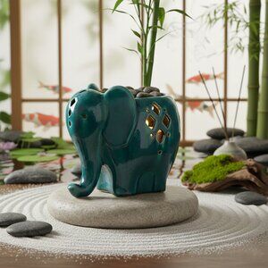 Vintage Ceramic Elephant Planter Holder Lucky Trunk Elephant Teal Succulent